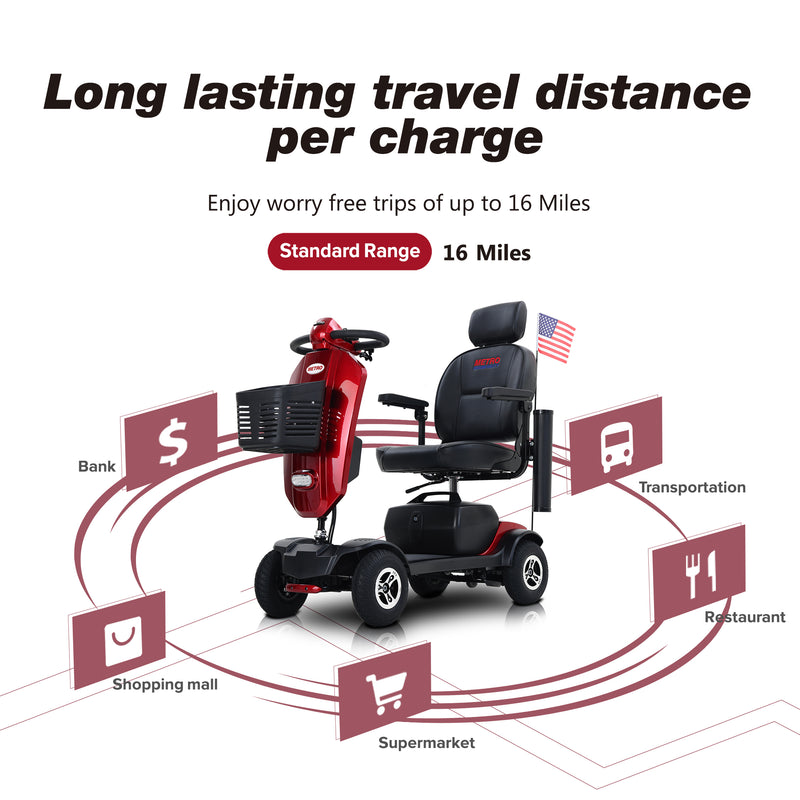 Metro Mobility Max Plus 4-Wheel Mobility Scooter, 300 lb Capacity, 16 Mile Range, Rear Suspension (FREE Raincoat)