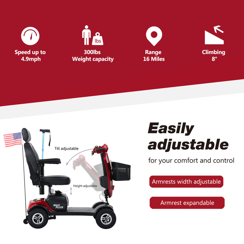 Metro Mobility Max Plus 4-Wheel Mobility Scooter, 300 lb Capacity, 16 Mile Range, Rear Suspension (FREE Raincoat)