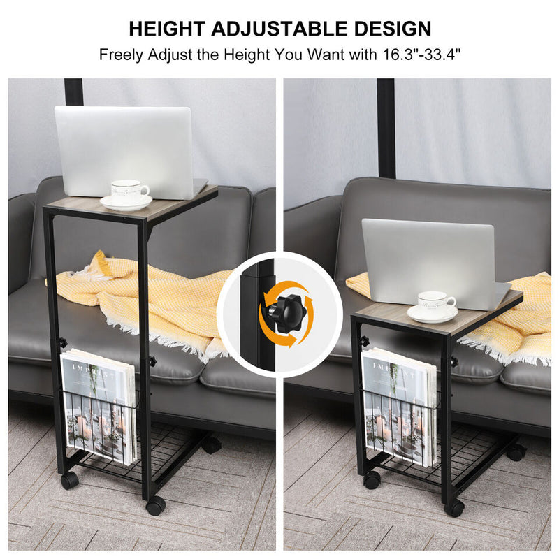 C Shaped Small Narrow End Side Table Rolling Laptop Stand Table Adjustable