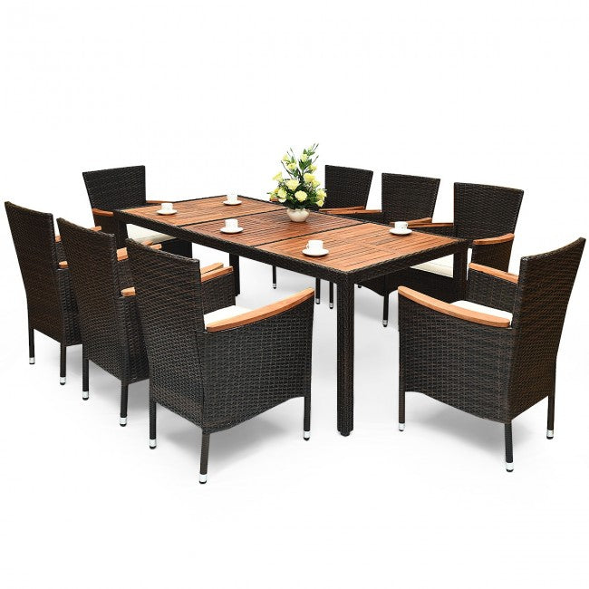 Patio Rattan Dining Set - 9 Pieces with Stackable Chairs Cushioned and Acacia Wood Table Top